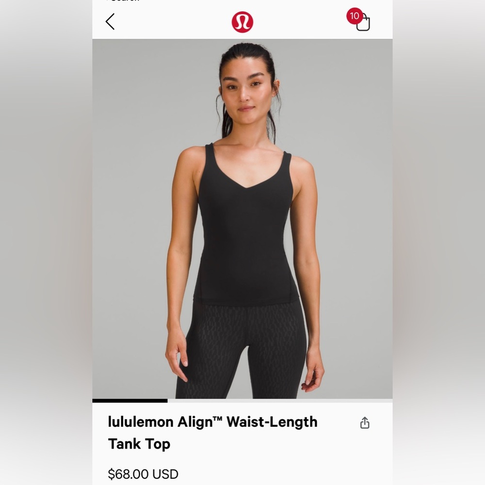 Lululemon align waist length tank top in black (size 6)